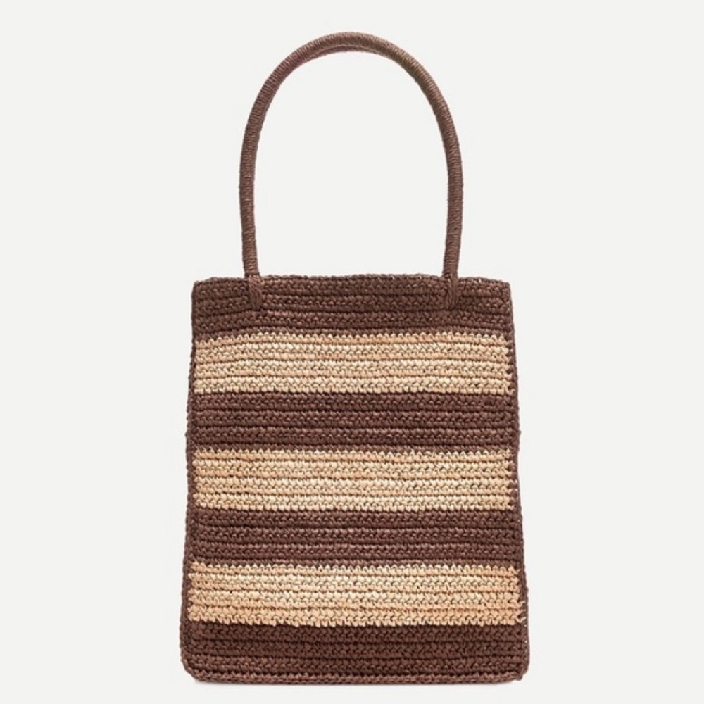 J. Crew Brown and Cream Striped Crochet Tote